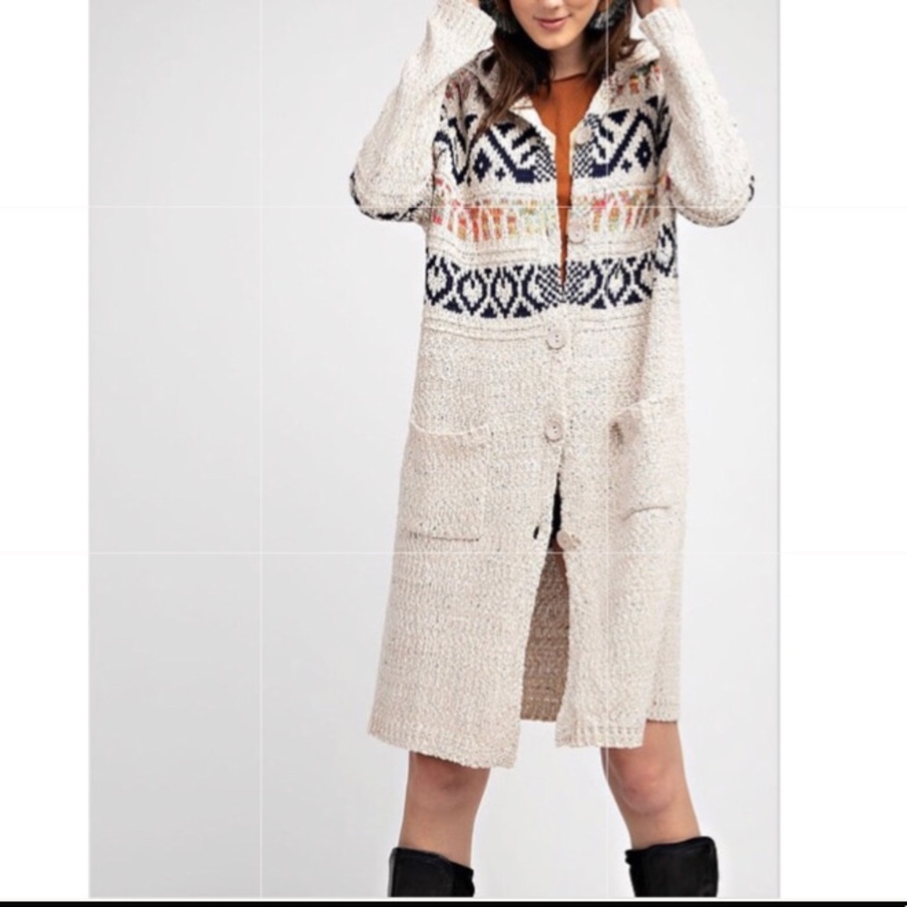 Duster Button Front Tribal Hoodie Cardigan - Picture 1 of 5